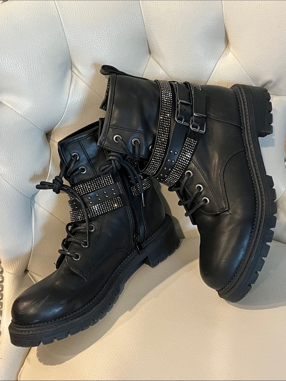 Rock & Candy Black Lace-Up Combat Boots with Rhinestone Buckles